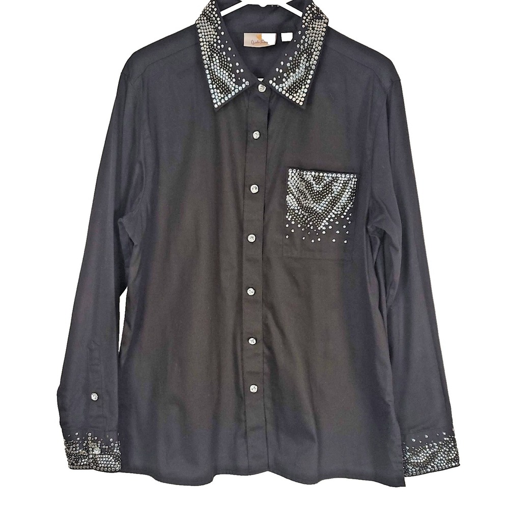 Quacker Factory Shirt Womens Large Black Rhinestone Embellished Button Front